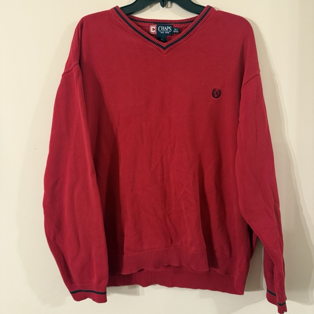 Vintage Ralph Lauren Chaps Sweater Mens Extra Large Red Pullover Preppy V-Neck